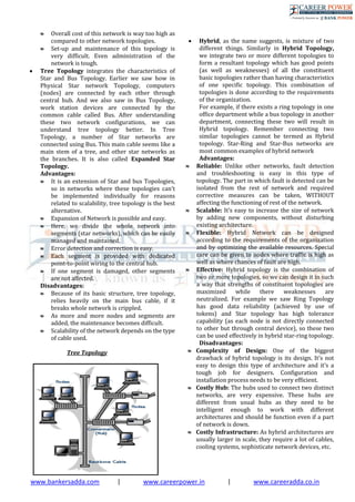 www.bankersadda.com | www.careerpower.in | www.careeradda.co.in
 Overall cost of this network is way too high as
compared to other network topologies.
 Set-up and maintenance of this topology is
very difficult. Even administration of the
network is tough.
 Tree Topology integrates the characteristics of
Star and Bus Topology. Earlier we saw how in
Physical Star network Topology, computers
(nodes) are connected by each other through
central hub. And we also saw in Bus Topology,
work station devices are connected by the
common cable called Bus. After understanding
these two network configurations, we can
understand tree topology better. In Tree
Topology, a number of Star networks are
connected using Bus. This main cable seems like a
main stem of a tree, and other star networks as
the branches. It is also called Expanded Star
Topology.
Advantages:
 It is an extension of Star and bus Topologies,
so in networks where these topologies can't
be implemented individually for reasons
related to scalability, tree topology is the best
alternative.
 Expansion of Network is possible and easy.
 Here, we divide the whole network into
segments (star networks), which can be easily
managed and maintained.
 Error detection and correction is easy.
 Each segment is provided with dedicated
point-to-point wiring to the central hub.
 If one segment is damaged, other segments
are not affected.
Disadvantages:
 Because of its basic structure, tree topology,
relies heavily on the main bus cable, if it
breaks whole network is crippled.
 As more and more nodes and segments are
added, the maintenance becomes difficult.
 Scalability of the network depends on the type
of cable used.
Tree Topology
 Hybrid, as the name suggests, is mixture of two
different things. Similarly in Hybrid Topology,
we integrate two or more different topologies to
form a resultant topology which has good points
(as well as weaknesses) of all the constituent
basic topologies rather than having characteristics
of one specific topology. This combination of
topologies is done according to the requirements
of the organization.
For example, if there exists a ring topology in one
office department while a bus topology in another
department, connecting these two will result in
Hybrid topology. Remember connecting two
similar topologies cannot be termed as Hybrid
topology. Star-Ring and Star-Bus networks are
most common examples of hybrid network
Advantages:
 Reliable: Unlike other networks, fault detection
and troubleshooting is easy in this type of
topology. The part in which fault is detected can be
isolated from the rest of network and required
corrective measures can be taken, WITHOUT
affecting the functioning of rest of the network.
 Scalable: It’s easy to increase the size of network
by adding new components, without disturbing
existing architecture.
 Flexible: Hybrid Network can be designed
according to the requirements of the organization
and by optimizing the available resources. Special
care can be given to nodes where traffic is high as
well as where chances of fault are high.
 Effective: Hybrid topology is the combination of
two or more topologies, so we can design it in such
a way that strengths of constituent topologies are
maximized while there weaknesses are
neutralized. For example we saw Ring Topology
has good data reliability (achieved by use of
tokens) and Star topology has high tolerance
capability (as each node is not directly connected
to other but through central device), so these two
can be used effectively in hybrid star-ring topology.
Disadvantages:
 Complexity of Design: One of the biggest
drawback of hybrid topology is its design. It’s not
easy to design this type of architecture and it’s a
tough job for designers. Configuration and
installation process needs to be very efficient.
 Costly Hub: The hubs used to connect two distinct
networks, are very expensive. These hubs are
different from usual hubs as they need to be
intelligent enough to work with different
architectures and should be function even if a part
of network is down.
 Costly Infrastructure: As hybrid architectures are
usually larger in scale, they require a lot of cables,
cooling systems, sophisticate network devices, etc.
 