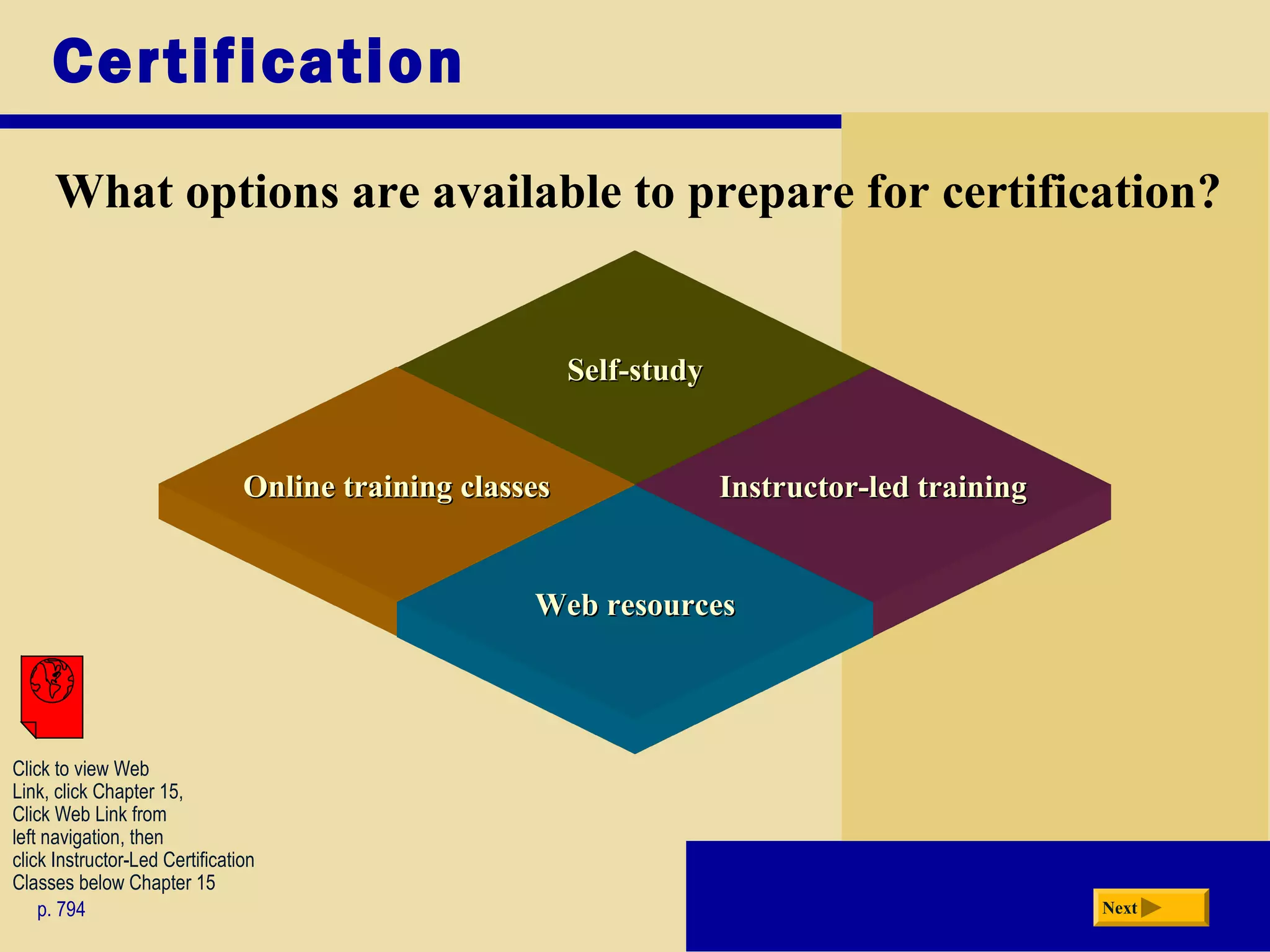 Certification
What options are available to prepare for certification?
p. 794 Next
Self-studySelf-study
Online training classesOnline training classes Instructor-led trainingInstructor-led training
Web resourcesWeb resources
Click to view Web
Link, click Chapter 15,
Click Web Link from
left navigation, then
click Instructor-Led Certification
Classes below Chapter 15
 