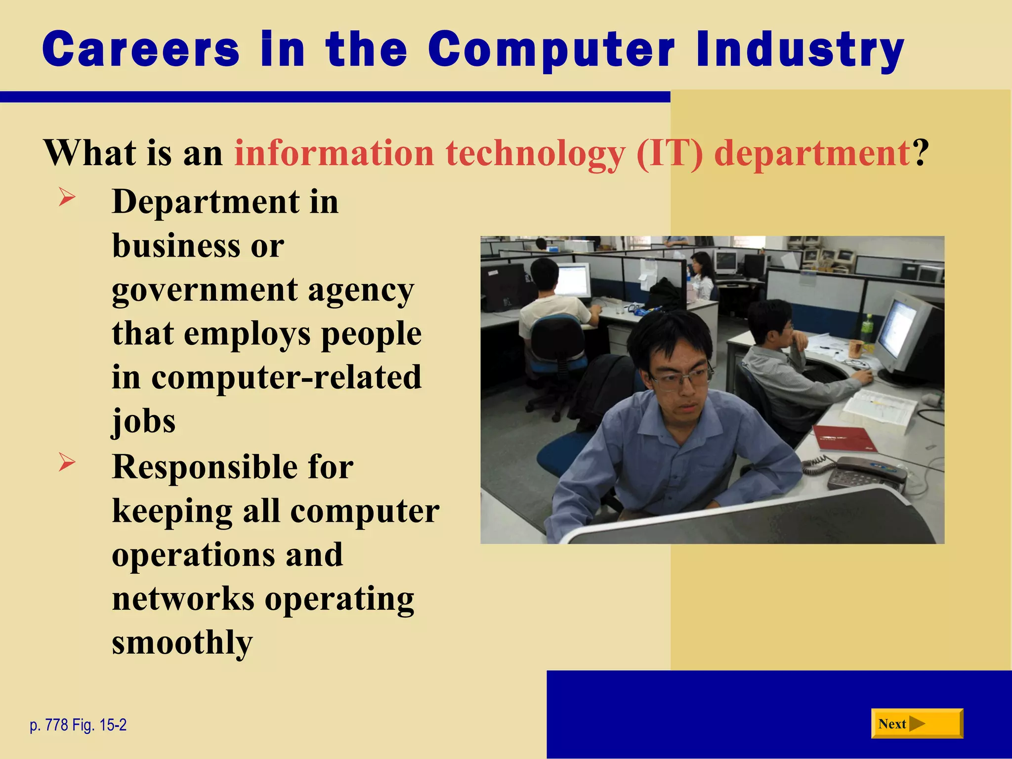 Careers in the Computer Industry
What is an information technology (IT) department?
p. 778 Fig. 15-2 Next
 Department in
business or
government agency
that employs people
in computer-related
jobs
 Responsible for
keeping all computer
operations and
networks operating
smoothly
 