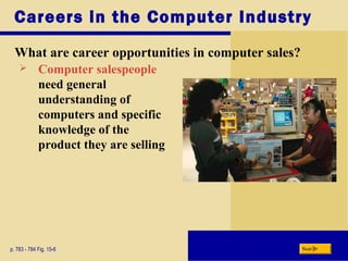 Careers in the Computer Industry
What are career opportunities in computer sales?
p. 783 - 784 Fig. 15-6 Next
 Computer salespeople
need general
understanding of
computers and specific
knowledge of the
product they are selling
 
