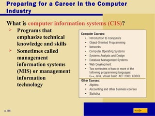 Preparing for a Career in the Computer
Industry
What is computer information systems (CIS)?
p. 786 Next
 Programs that
emphasize technical
knowledge and skills
 Sometimes called
management
information systems
(MIS) or management
information
technology
 