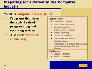 Preparing for a Career in the Computer
Industry
What is computer science (CS)?
p. 786 Next
 Programs that stress
theoretical side of
programming and
operating systems
 Also called software
engineering
 