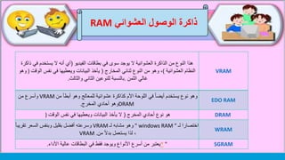 ‫العشوائي‬ ‫الوصول‬ ‫ذاكرة‬RAM
VRAM
‫الفيديو‬ ‫بطاقات‬ ‫في‬ ‫سوى‬ ‫يوجد‬ ‫ال‬ ‫العشوائية‬ ‫الذاكرة‬ ‫من‬ ‫النوع‬ ‫هذا‬(‫في‬ ‫يستخدم‬ ‫ال‬ ‫أنه‬ ‫أي‬‫ذاكرة‬
‫العشوائية‬ ‫النظام‬)‫المخارج‬ ‫ثنائي‬ ‫النوع‬ ‫من‬ ‫وهو‬ ،(‫الو‬ ‫نفس‬ ‫في‬ ‫ويعطيها‬ ‫البيانات‬ ‫يأخذ‬‫قت‬)‫وهو‬
‫الثمن‬ ‫غالي‬.‫والثالث‬ ‫الثاني‬ ‫للنوعين‬ ‫بالنسبة‬.
EDO RAM
‫من‬ ‫أبطأ‬ ‫وهو‬ ‫للمعالج‬ ‫عشوائية‬ ‫كذاكرة‬ ‫األم‬ ‫اللوحة‬ ‫في‬ ً‫ا‬‫أيض‬ ‫يستخدم‬ ‫نوع‬ ‫وهو‬VRAM‫من‬ ‫وأسرع‬
DRAM‫المخرج‬ ‫أحادي‬ ‫وهو‬.
DRAM‫المخرج‬ ‫أحادي‬ ‫نوع‬ ‫هو‬(‫الوقت‬ ‫نفس‬ ‫في‬ ‫ويعطيها‬ ‫البيانات‬ ‫يأخذ‬ ‫ال‬)
WRAM
‫لـ‬ ‫اختصارا‬" windows RAM "‫لـ‬ ‫مشابه‬ ‫وهو‬VRAM‫ت‬ ‫السعر‬ ‫وبنفس‬ ‫بقليل‬ ‫أفضل‬ ‫وسرعته‬ً‫ا‬‫قريب‬
‫من‬ ً‫ال‬‫بد‬ ‫يستعمل‬ ‫لذا‬ ،VRAM .
SGRAM* "‫األداء‬ ‫عالية‬ ‫البطاقات‬ ‫في‬ ‫فقط‬ ‫ويوجد‬ ‫األنواع‬ ‫أسرع‬ ‫من‬ ‫يعتبر‬.
 