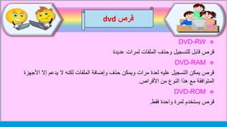 .
DVD-RW
‫لمرات‬ ‫الملفات‬ ‫وحذف‬ ‫للتسجيل‬ ‫قابل‬ ‫قرص‬‫عديدة‬
DVD-RAM
‫إال‬ ‫يدعم‬ ‫ال‬ ‫لكنه‬ ‫الملفات‬ ‫وإضافة‬ ‫حذف‬ ‫ويمكن‬ ‫مرات‬ ‫لعدة‬ ‫عليه‬ ‫التسجيل‬ ‫يمكن‬ ‫قرص‬‫األجهزة‬
‫األقراص‬ ‫من‬ ‫النوع‬ ‫هذا‬ ‫مع‬ ‫المتوافقة‬.
DVD-ROM
‫واحدة‬ ‫لمرة‬ ‫يستخدم‬ ‫قرص‬‫فقط‬.
‫قرص‬dvd
 