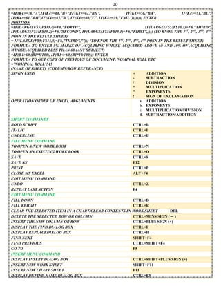 20
=IF(K4>=76,”A”,IF(K4>=66,”B+”,IF(K4>=61,”BH”, IF(K4>=56,”BA”, IF(K4>=51,”BL”,
IF(K4>=61,”BH”,IF(K4>=45,”B-
”, IF(K4>=40,”C”, IF(K4>=39,”FAIL”)))))))) ENTER
POSITION
=IF(LARGE(F$5:F$15,4)=F6,”FORTH”, IF(LARGE(F$5:F$15,3)=F6,”THIRD”,
IF(LARGE(F$5:F$15,2)=F6,”SECOND”, IF(LARGE(F$5:F$15,1)=F6,”FIRST”,)))) (TO KNOE THE 1ST
, 2ND
, 3RD
, 4TH
POSN IN THE RESULT SHEET)
= IF(LARGE(F$5:F$15,3)=F6,”THIRD”,””))) (TO KNOE THE 1ST
, 2ND
, 3RD
, 4TH
POSN IN THE RESULT SHEET)
FORMULA TO ENTER 5% MARKS OF ACQUIRING WHOSE ACQUIRED ABOVE 60 AND 10% OF ACQUIRING
WHOSE ACQUIRED LESS THAN 60 (ANY SUBJECT)
=IF(B1>60,(B1*5/100), IF(B1<=60,(B1*10/100))) ENTER
FORMULA TO GET COPY OF PREVIOUS OF DOCUMENT, NOMINAL ROLL ETC
=’NOMINAL ROLL’!A5
(NAME OF SHEET) (COLUMN/ROW REFERANCE)
SINGN USED + ADDITION
- SUBTRACTION
/ DIVISION
* MULTIPLICATION
^ EXPONENTS
! SIGN OF EXCLAMATION
OPERATION ORDER OF EXCEL ARGUMENTS a. ADDITION
b. EXPONENTS
c. MULTIPLICATION/DIVISION
d. SUBTRACTION/ADDITION
SHORT COMMANDS
BOLD SCRIPT CTRL+B
ITALIC CTRL+I
UNDERLINE CTRL+U
FILE MENU COMMAND
TO OPEN A NEW WORK BOOK CTRL+N
TO OPEN AN EXISTING WORK BOOK CTRL+O
SAVE CTRL+S
SAVE AS F12
PRINT CTRL+P
CLOSE MS EXCEL ALT+F4
EDIT MENU COMMAND
UNDO CTRL+Z
REPEAT LAST ACTION F4
EDIT MENU COMMAND
FILL DOWN CTRL+D
FILL REIGHT CTRL+R
CLEAR THE SELECTED ITEM IN A CHART/CLEAR CONTENTS IN WORK SHEET DEL
DELETE THE SELECTED ROW OR COLUMN CTRL+MINS SIGN ( )
INSERT THE NEW COLUMN OR ROW CTRL+PLUS SIGN (+)
DISPLAY THE FIND DIALOG BOX CTRL+F
DISPLAY REPLACEDIALOG BOX CTRL+H
FIND NEXT SHIFT+F4
FIND PREVIOUS CTRL+SHIFT+F4
GO TO F5
INSERT MENU COMMAND
DISPLAY INSERT DIALOG BOX CTRL+SHIFT+PLUS SIGN (+)
INSERT NEW WORK SHEET SHIFT+F11
INSERT NEW CHART SHEET F11
DISPLAY DEFIND NAME DIALOG BOX CTRL+F3
 