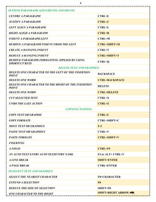 4
SETTING PARAGRAPH ALIGNMENTS AND IDENTS
CENTRE A PARAGRAPH CTRL+E
JUSTIFY A PARAGRAPH CTRL+J
LEFT ALIGN A PARAGRAPH CTRL+L
RIGHT ALIGH A PARAGRAPH CTRL+R
INDENT A PARAGRAPH LEFT CTRL+M
REMOVE A PARAGRAPH INDENT FROM THE LEFT CTRL+SHIFT+M
CREATE A HANGING INDENT CTRL+T
REDUCE A HANGING INDENT CTRL+SHIFT+T
REMOVE PARAGRAPH FORMATTING APPLIED BY USING
SHORTCUT KEYS
CTRL+Q
DELETE TEXT AND GRAPHICS
DELETE ONE CHARACTER TO THE LEFT OF THE INSERTION
POINT
BACKSPACE
DELETE ONE WORD CTRL+BACKSPACE
DELETE ONE CHARACTER TO THE RIGHT OF THE INSERTION
POINT
DELETE
DELETE ONE WORD CTRL+DELETE
CUT SELECTED TEXT CTRL+X
UNDO THE LAST ACTION CTRL+Z
COPYING/ PASTING
COPY TEXT OR GRAPHIC CTRL+C
COPY FORMATS CTRL+SHIFT+C
MOVE TEXT OR GRAPHICS F-2
PASTE TEXT OR GRAPHICS CTRL+V
PASTE FORMATS CTRL+SHIFT+V
INSERTING
A FIELD CTRL+F9
AN AUTO TEXT ENTRY AUTO TEXTENTRY NAME F3 or ALT+ CTRL+V
A LINE BREAK SHIFT+ENTER
A PAGE BREAK CTRL+ENTER
TO SELECT TEXT AND GRAPHICS
SELECT THE NEAREST CHARACTER F8+CHARACTER
EXTEND A SELECTION F8
REDUCE THE SIZE OF SELECTION SHIFT+F8
ONE CHARACTER TO THE RIGHT SHIFT+RIGHT ARROW ( )
 