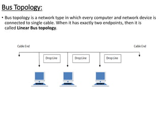 Bus Topology:
• Bus topology is a network type in which every computer and network device is
connected to single cable. When it has exactly two endpoints, then it is
called Linear Bus topology.
 