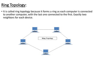 Ring Topology:
• It is called ring topology because it forms a ring as each computer is connected
to another computer, with the last one connected to the first. Exactly two
neighbors for each device.
 