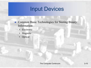 Input Devices

   Common Basic Technologies for Storing Binary
    Information:
    • Electronic
    • Magnetic
    • Optical




                    The Computer Continuum         3-10
 
