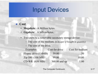 Input Devices

   Cost
    • Megabyte: A Million bytes.
    • Gigabyte: A billion bytes.

    • Two parts to a removable secondary storage device:
       – The cost of the medium. (Cheaper if bought in quantity)
       – The cost of the drive.
       Examples:            Cost for drive     Cost for medium
      Floppy drive (1.4MB)       59.00                    .50
      Zip 100 (100 MB)           99.00                  10.00
      CD-WR (650 MB)            360.00 and up            1.00

                        The Computer Continuum                     3-17
 