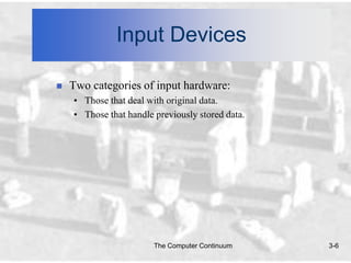 Input Devices

   Two categories of input hardware:
    • Those that deal with original data.
    • Those that handle previously stored data.




                        The Computer Continuum    3-6
 