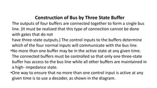 Construction of Bus by Three State Buffer
The outputs of four buffers are connected together to form a single bus
line. (It must be realized that this type of connection cannot be done
with gates that do not
have three-state outputs.) The control inputs to the buffers determine
which of the four normal inputs will communicate with the bus line.
•No more than one buffer may be in the active state at any given time.
The connected buffers must be controlled so that only one three-state
buffer has access to the bus line while all other buffers are maintained in
a high- impedance state.
•One way to ensure that no more than one control input is active at any
given time is to use a decoder, as shown in the diagram.
 