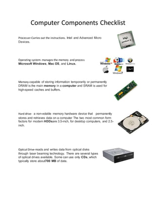 Computer components checklist | DOCX | Computer Peripherals | Computing