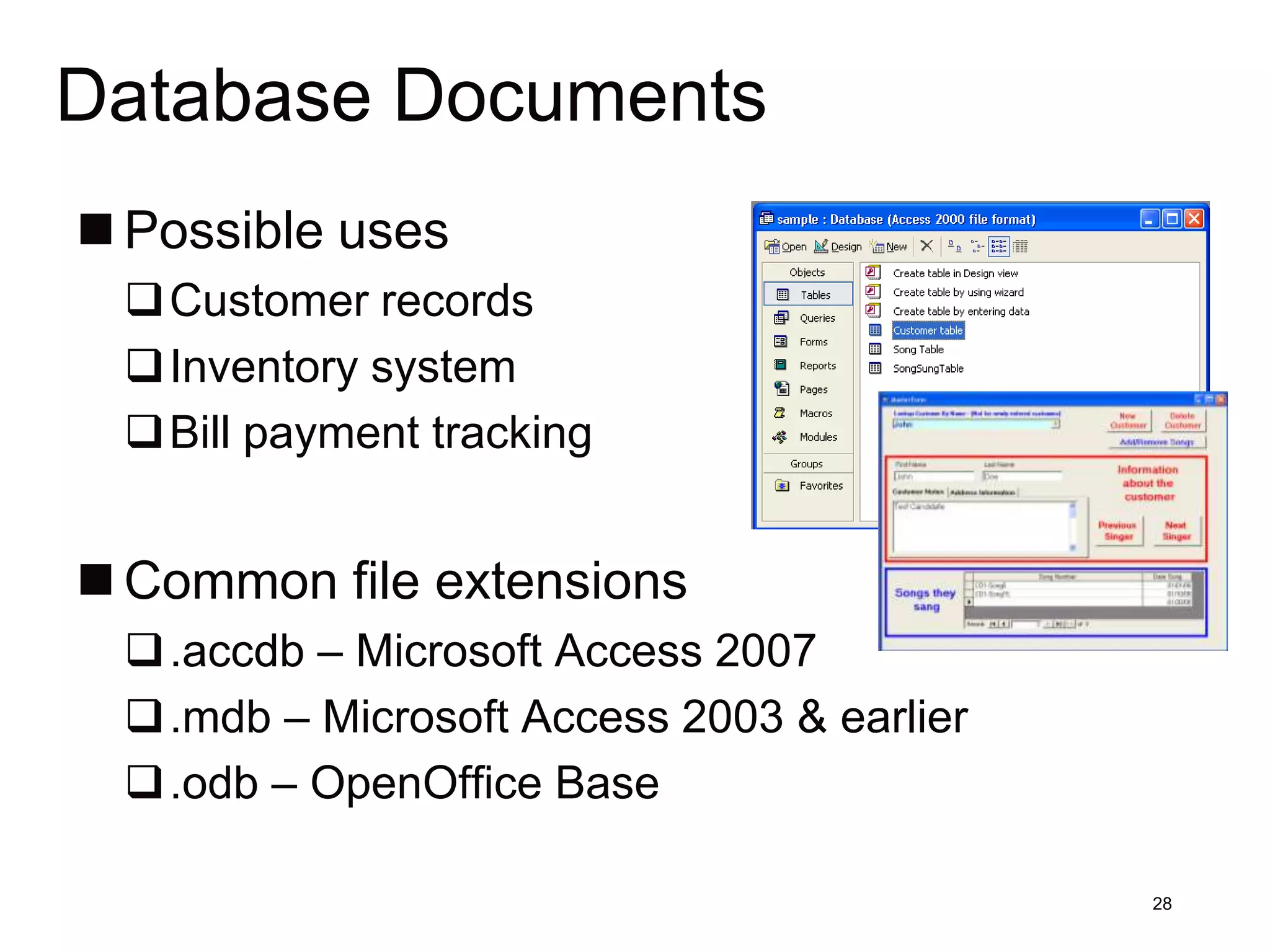 Database Documents
 Possible uses
 Customer records
 Inventory system
 Bill payment tracking


 Common file extensions
 .accdb – Microsoft Access 2007
 .mdb – Microsoft Access 2003 & earlier
 .odb – OpenOffice Base

                                           28
 