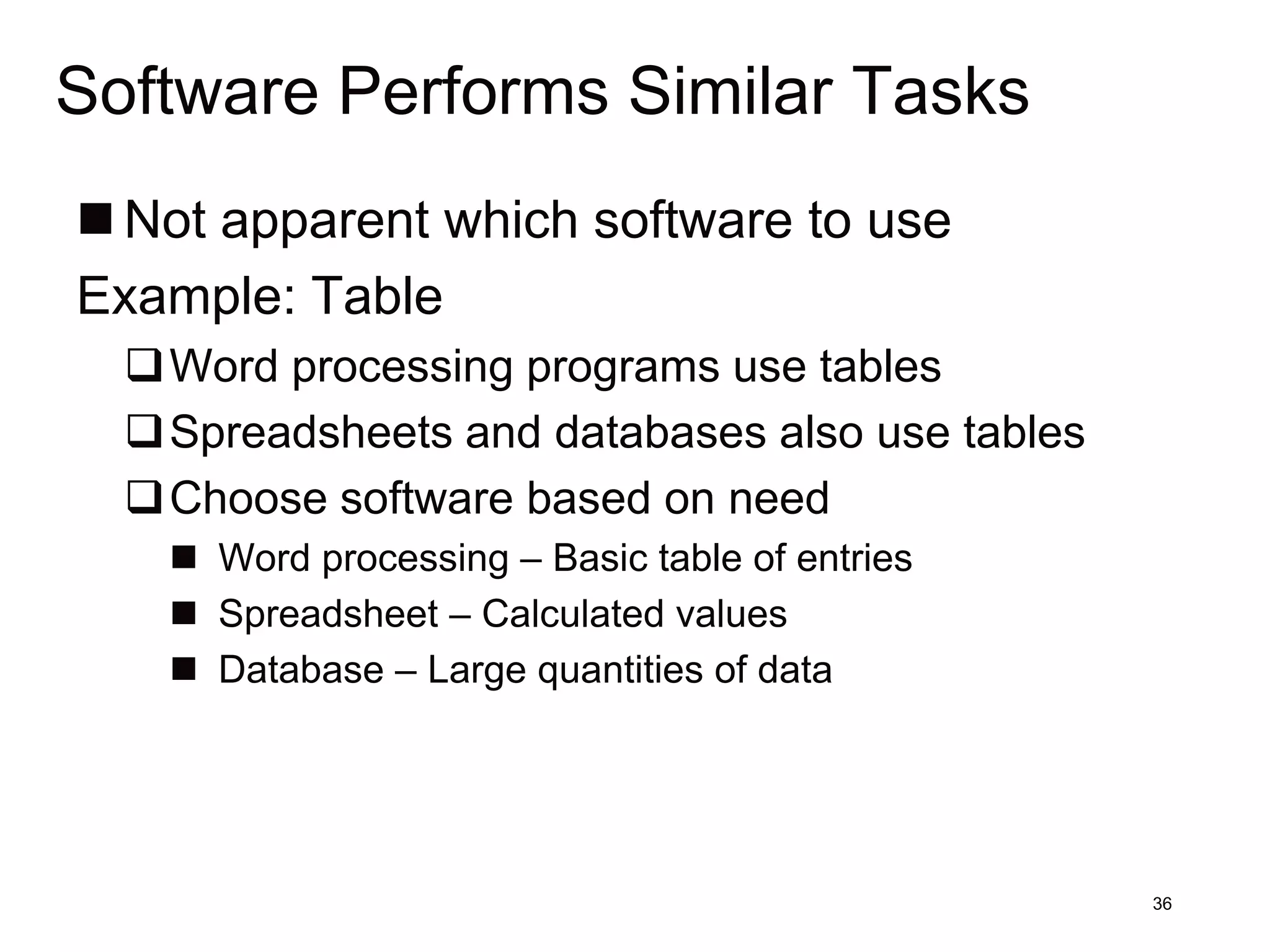 Software Performs Similar Tasks
 Not apparent which software to use
Example: Table
  Word processing programs use tables
  Spreadsheets and databases also use tables
  Choose software based on need
     Word processing – Basic table of entries
     Spreadsheet – Calculated values
     Database – Large quantities of data




                                                 36
 