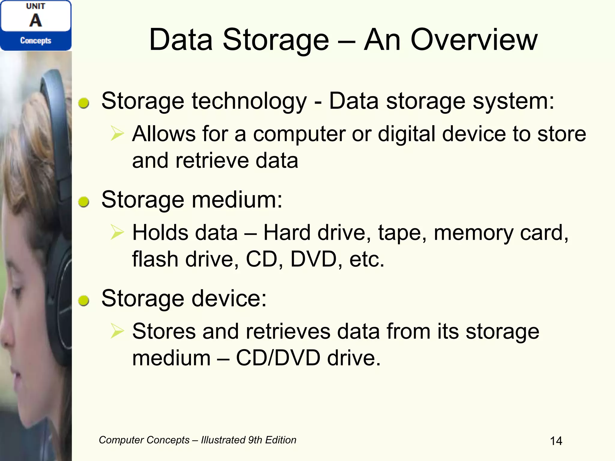 Computer Concepts – Illustrated 9th Edition 14
Data Storage – An Overview
Storage technology - Data storage system:
 Allows for a computer or digital device to store
and retrieve data
Storage medium:
 Holds data – Hard drive, tape, memory card,
flash drive, CD, DVD, etc.
Storage device:
 Stores and retrieves data from its storage
medium – CD/DVD drive.
 