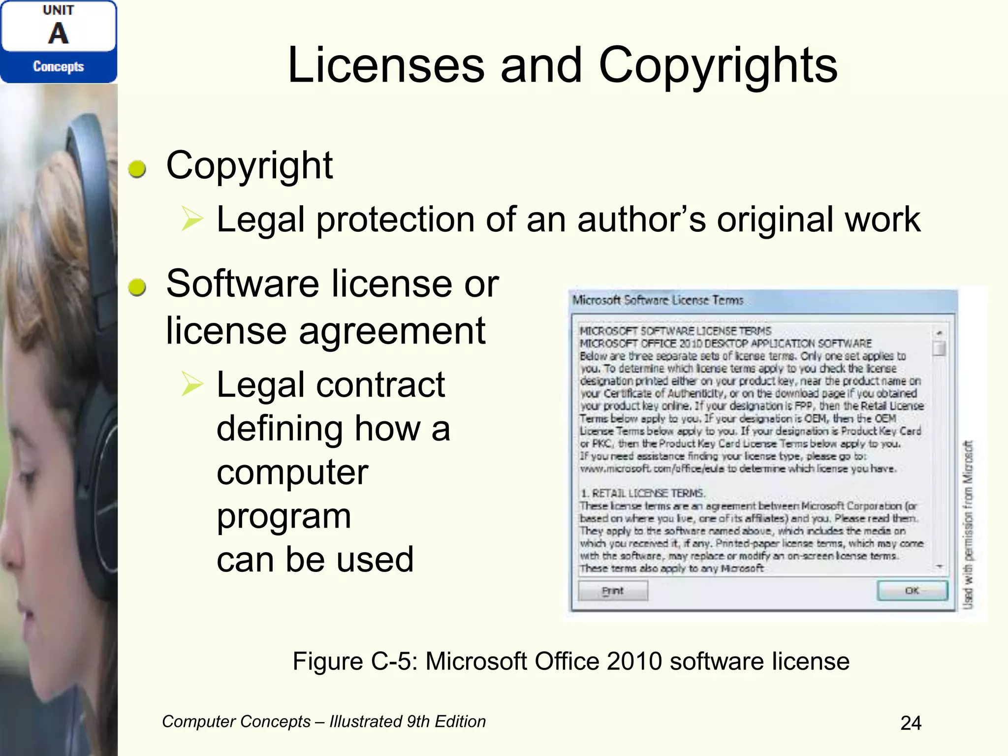 Computer Concepts – Illustrated 9th Edition 24
Licenses and Copyrights
Copyright
 Legal protection of an author’s original work
Software license or
license agreement
 Legal contract
defining how a
computer
program
can be used
24
Figure C-5: Microsoft Office 2010 software license
 