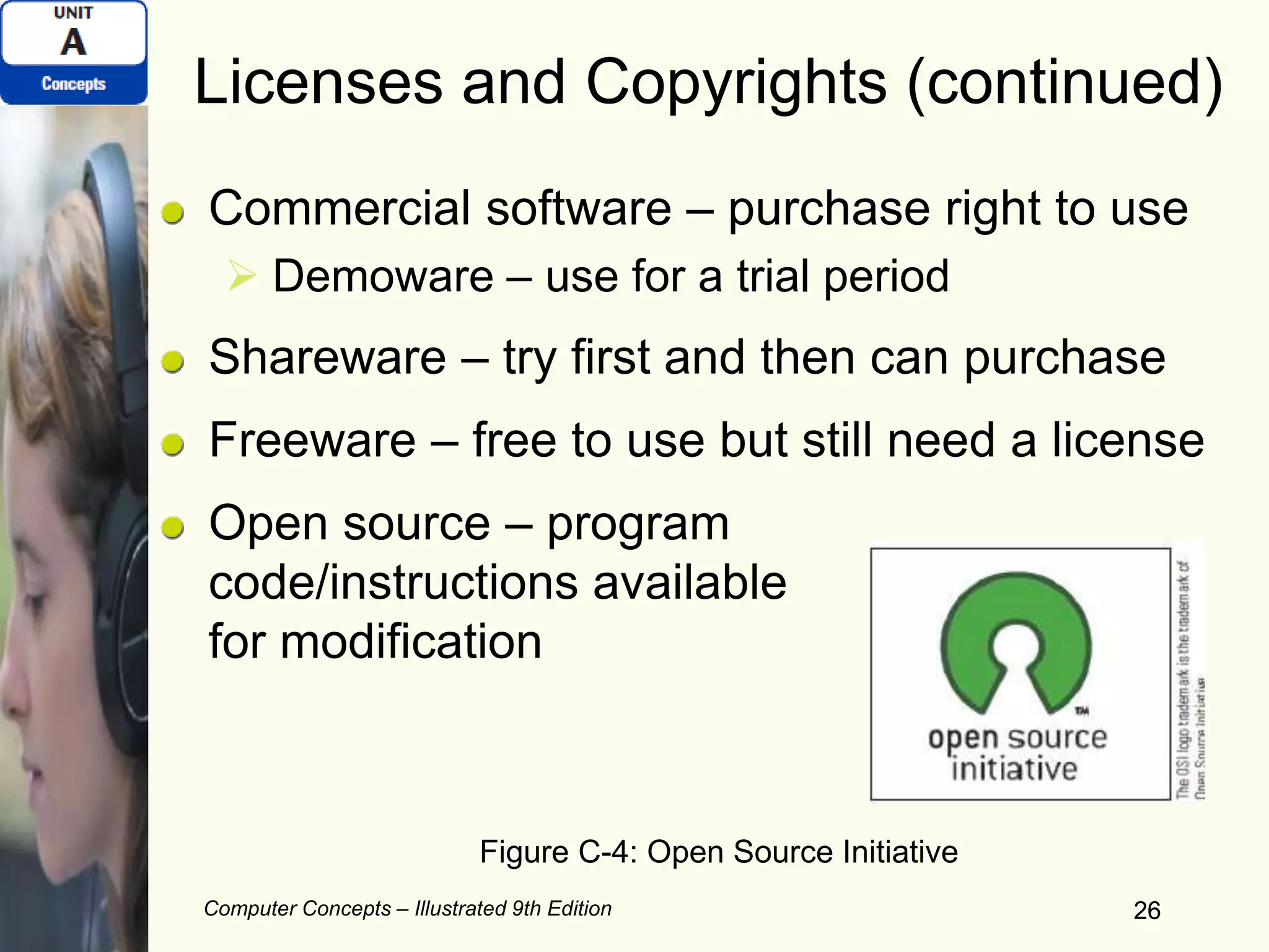 Computer Concepts – Illustrated 9th Edition 26
Licenses and Copyrights (continued)
Commercial software – purchase right to use
 Demoware – use for a trial period
Shareware – try first and then can purchase
Freeware – free to use but still need a license
Open source – program
code/instructions available
for modification
26
Figure C-4: Open Source Initiative
 