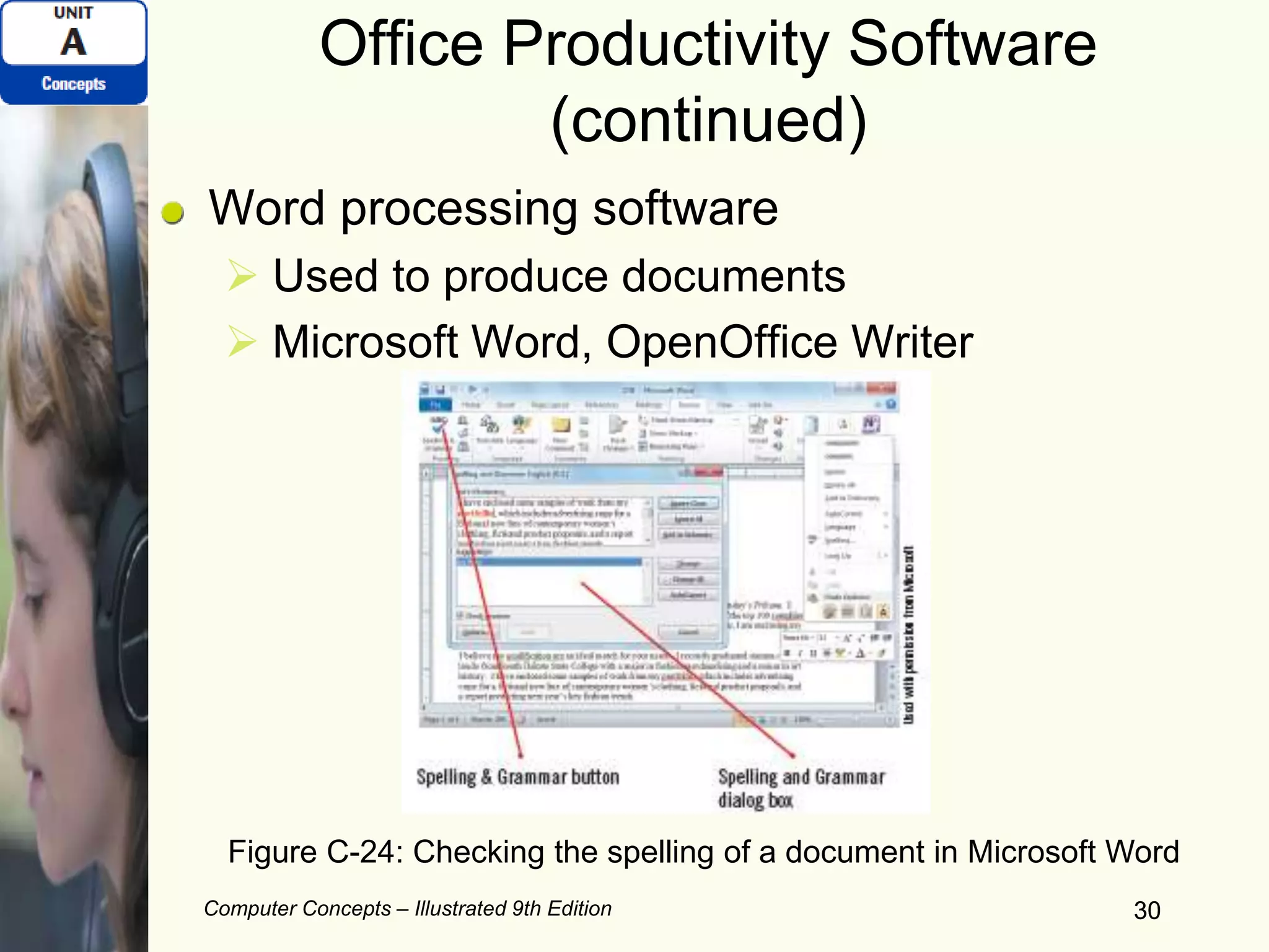 Computer Concepts – Illustrated 9th Edition 30
Office Productivity Software
(continued)
Word processing software
 Used to produce documents
 Microsoft Word, OpenOffice Writer
30
Figure C-24: Checking the spelling of a document in Microsoft Word
 