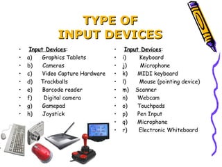 TYPE OFTYPE OF
INPUT DEVICESINPUT DEVICES
•  Input Devices:
• a)      Graphics Tablets
• b)      Cameras
• c)      Video Capture Hardware
• d)     Trackballs
• e)      Barcode reader
• f)       Digital camera
• g)      Gamepad
• h)      Joystick
•  Input Devices:
• i)        Keyboard
• j)        Microphone
• k)      MIDI keyboard
• l)        Mouse (pointing device)
• m)    Scanner
• n)      Webcam
• o)      Touchpads
• p)      Pen Input
• q)      Microphone
• r)       Electronic Whiteboard
 