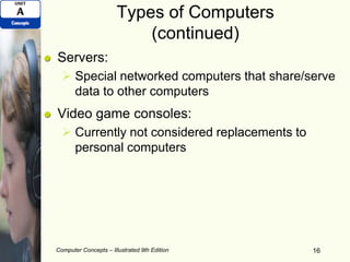 Types of Computers
(continued)
Servers:
 Special networked computers that share/serve
data to other computers
Video game consoles:
 Currently not considered replacements to
personal computers
Computer Concepts – Illustrated 9th Edition 16
 