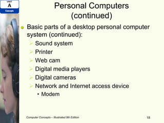 Personal Computers
(continued)
Basic parts of a desktop personal computer
system (continued):
 Sound system
 Printer
 Web cam
 Digital media players
 Digital cameras
 Network and Internet access device
• Modem
Computer Concepts – Illustrated 9th Edition 18
 