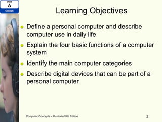 Learning Objectives
Define a personal computer and describe
computer use in daily life
Explain the four basic functions of a computer
system
Identify the main computer categories
Describe digital devices that can be part of a
personal computer
Computer Concepts – Illustrated 9th Edition 2
 