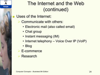 The Internet and the Web
(continued)
Uses of the Internet:
 Communicate with others:
• Electronic mail (also called email)
• Chat group
• Instant messaging (IM)
• Internet telephony – Voice Over IP (VoIP)
• Blog
 E-commerce
 Research
Computer Concepts – Illustrated 9th Edition 24
 