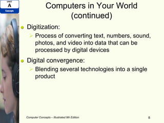 Computers in Your World
(continued)
Digitization:
 Process of converting text, numbers, sound,
photos, and video into data that can be
processed by digital devices
Digital convergence:
 Blending several technologies into a single
product
Computer Concepts – Illustrated 9th Edition 8
 