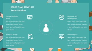 Google Analytics
Setup
Analytics Audits
Metrics & KPI
Development
Web analytics
Sed ut persp iciatis unde Click
here to add content of the
text，and briefly explain your
point of view.
Sed ut persp iciatis unde Click
here to add content of the
text，and briefly explain your
point of view.
Sed ut persp iciatis unde Click
here to add content of the text
，and briefly explain your point
of view.
Sed ut persp iciatis unde Click
here to add content of the text
，and briefly explain your point
of view.
MORE THAN TEMPLATE
Enter subtitle
 