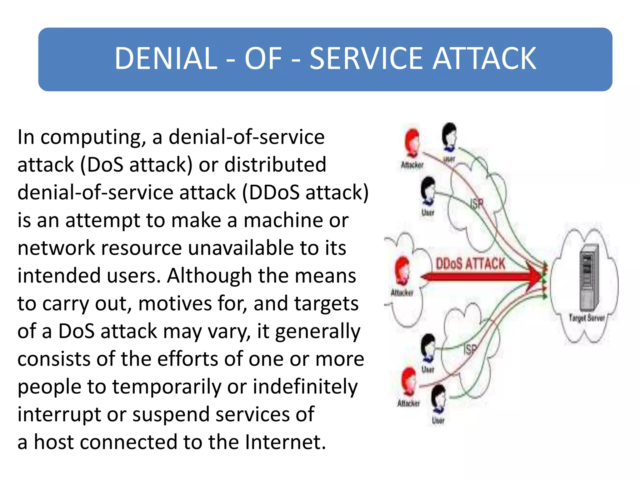 DENIAL - OF - SERVICE ATTACK
In computing, a denial-of-service
attack (DoS attack) or distributed
denial-of-service attack (DDoS attack)
is an attempt to make a machine or
network resource unavailable to its
intended users. Although the means
to carry out, motives for, and targets
of a DoS attack may vary, it generally
consists of the efforts of one or more
people to temporarily or indefinitely
interrupt or suspend services of
a host connected to the Internet.
 
