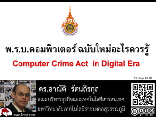 Page 1
พ.ร.บ.คอมพิวเตอร์ ฉบับใหม่อะไรควรรู้
Powerpoint Templates
ดร.อาณัติ รัตนถิรกุล
คณะบริหารธุรกิจและเทคโนโลยีสารสนเทศ
มหาวิทยาลัยเทคโนโลยีราชมงคลสุวรรณภูมิ
19, Sep 2018
Computer Crime Act in Digital Era
 
