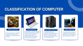 MINI COMPUTER
MICRO COMPUTER SUPER COMPUTER
MAIN FRAME COMPUTER
CLASSIFICATION OF COMPUTER
A microcomputer is a complete
computer on a small scale,
designed for use by one person
at a time.
minicomputer, computer that was
smaller, less expensive, and less
powerful than a mainframe or
supercomputer but more
expensive and more powerful
than a personal computer.
A mainframe computer,
informally called a mainframe or
big iron, is a computer used
primarily by large organizations
for critical applications
A supercomputer is a type of
computer with a high level of
performance as compared to a
general-purpose computer.
 