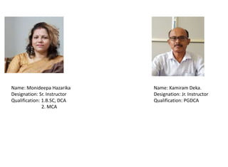 Name: Monideepa Hazarika
Designation: Sr. Instructor
Qualification: 1.B.SC, DCA
2. MCA
Name: Kamiram Deka.
Designation: Jr. Instructor
Qualification: PGDCA
 