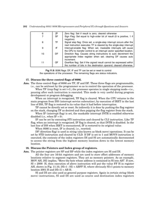 202 Understanding 8085/8086 Microprocessors and Peripheral ICs through Questions and Answers
6
7
ZF
SF
Zero flag: Set if result is zero; cleared otherwise
Sign Flag: Set equal to high-order bit of result (0 is positive, 1 if
negative)
8
9
10
TF
IF
DF
Signal step flag: Once set, a single-step interrupt occurs after the
next instruction executes; TF is cleared by the single-step interrupt
Interrupt-enable flag: When set, maskable interrupts will cause
the CPU to transfer control to an interrupt vector specified location.
Direction flag: Causes string instructions to auto decrement the
appropriate index register when set; clearing DF causes auto
11 OF
increment.
Overflow flag: Set if the signed result cannot be expressed within
the number of bits in the destination operand; cleared otherwise.
Fig.11.9: 8086 flags: DF, IF and TF can be set or reset to control
the operations of the processor. The remaining flags are status indicators.
17. Discuss the three control flags of 8086.
Ans. The three control flags of 8086 are TF, IF and DF. These three flags are programmable,
i.e., can be set/reset by the programmer so as to control the operation of the processor.
When TF (trap flag) is set (=1), the processor operates in single stepping mode—i.e.,
pausing after each instruction is executed. This mode is very useful during program
development or program debugging.
When an interrupt is recognised, TF flag is cleared. When the CPU returns to the
main program from ISS (interrupt service subroutine), by execution of IRET in the last
line of ISS, TF flag is restored to its value that it had before interruption.
TF cannot be directly set or reset. So indirectly it is done by pushing the flag register
on the stack, changing TF as desired and then popping the flag register from the stack.
When IF (interrupt flag) is set, the maskable interrupt INTR is enabled otherwise
disabled (i.e., when IF = 0).
IF can be set by executing STI instruction and cleared by CLI instruction. Like TF
flag, when an interrupt is recognised, IF flag is cleared, so that INTR is disabled. In the
last line of ISS when IRET is encountered, IF is restored to its original value.
When 8086 is reset, IF is cleared, i.e., resetted.
DF (direction flag) is used in string (also known as block move) operations. It can be
set by STD instruction and cleared by CLD. If DF is set to 1 and MOVS instruction is
executed, the contents of the index registers DI and SI are automatically decremented
to access the string from the highest memory location down to the lowest memory
location.
18. Discuss the Pointers and Index group of registers.
Ans. The pointer registers are SP and BP while the index registers are SI and DI.
All the four are 16-bit registers and are used to store offset addresses of memory
locations relative to segment registers. They act as memory pointers. As an example,
MOV AH, [SI] implies, “Move the byte whose address is contained in SI into AH”. If now,
SI = 2000 H, then execution of above instruction will put the value FF H in register
AH, shown in Fig. 11.10, [SI+1 : SI] = ABFF H, where obviously SI+1 points to memory
location 2001 H and [SI+1] = AB H.
SI and DI are also used as general purpose registers. Again in certain string (block
move) instructions, SI and DI are used as source and destination index registers
 