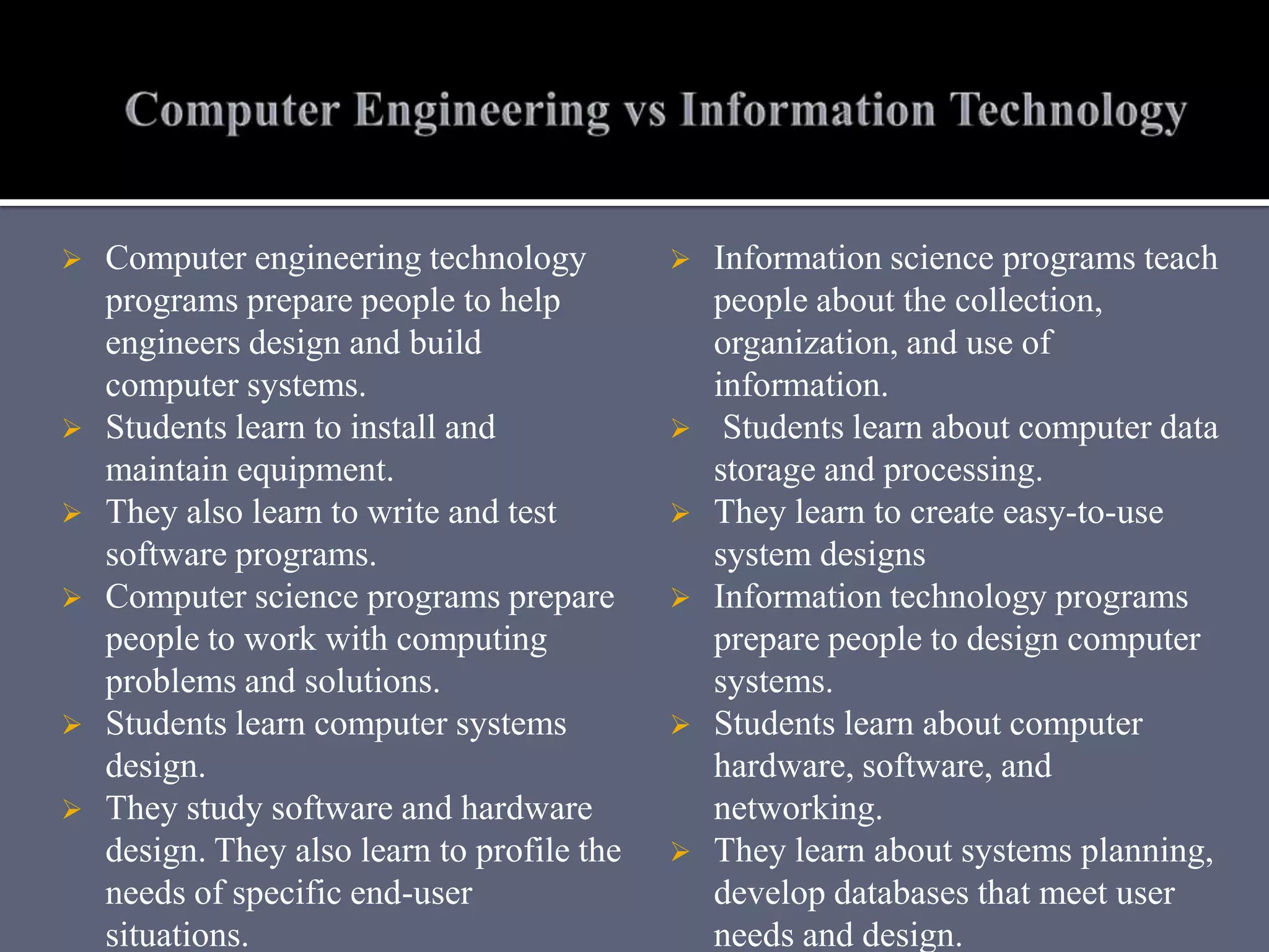  Computer engineering technology
programs prepare people to help
engineers design and build
computer systems.
 Students learn to install and
maintain equipment.
 They also learn to write and test
software programs.
 Computer science programs prepare
people to work with computing
problems and solutions.
 Students learn computer systems
design.
 They study software and hardware
design. They also learn to profile the
needs of specific end-user
situations.
 Information science programs teach
people about the collection,
organization, and use of
information.
 Students learn about computer data
storage and processing.
 They learn to create easy-to-use
system designs
 Information technology programs
prepare people to design computer
systems.
 Students learn about computer
hardware, software, and
networking.
 They learn about systems planning,
develop databases that meet user
needs and design.
 