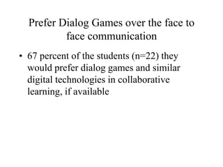 Prefer Dialog Games over the face to
face communication
• 67 percent of the students (n=22) they
would prefer dialog games and similar
digital technologies in collaborative
learning, if available
 