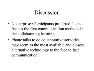 Discussion
• No surprise : Participants preferred face to
face as the first communication methods in
the collaborating learning.
• Phone talks to do collaborative activities
may seem as the most available and closest
alternative technology to the face to face
communication.
 