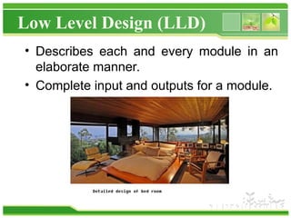 Low Level Design (LLD)
• Describes each and every module in an
elaborate manner.
• Complete input and outputs for a module.
 