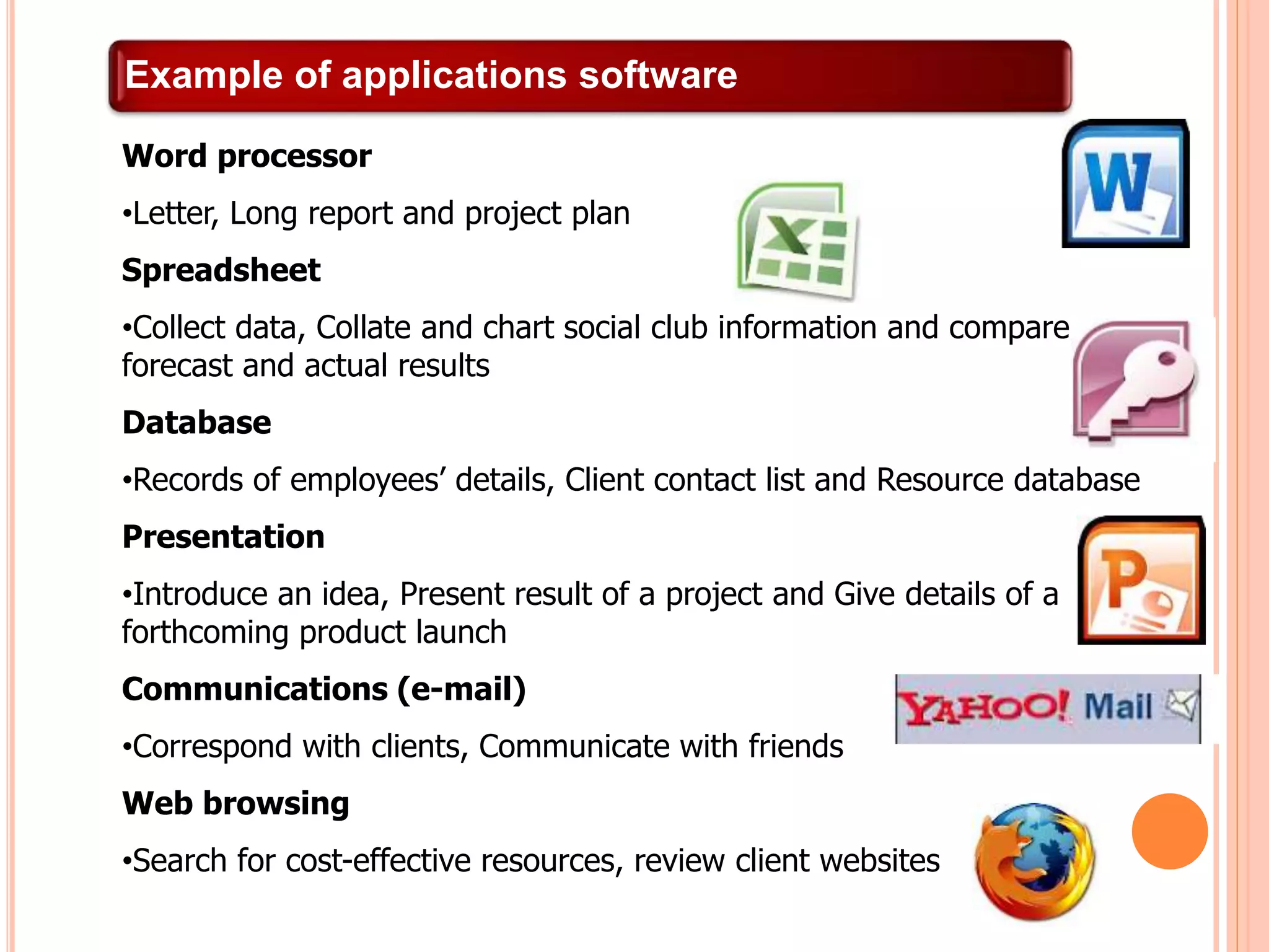 Example of applications software
Word processor
•Letter, Long report and project plan
Spreadsheet
•Collect data, Collate and chart social club information and compare
forecast and actual results
Database
•Records of employees’ details, Client contact list and Resource database
Presentation
•Introduce an idea, Present result of a project and Give details of a
forthcoming product launch
Communications (e-mail)
•Correspond with clients, Communicate with friends
Web browsing
•Search for cost-effective resources, review client websites
 