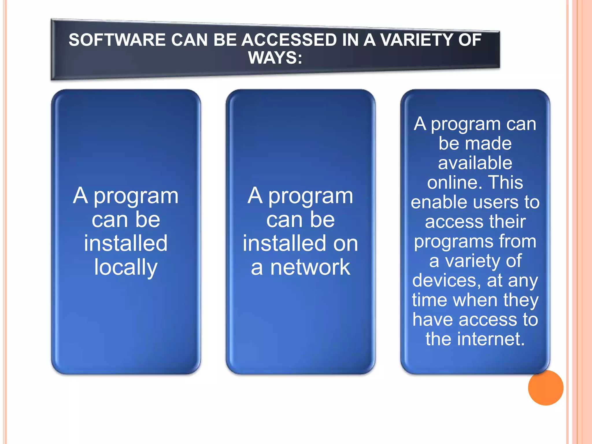 SOFTWARE CAN BE ACCESSED IN A VARIETY OF
WAYS:
A program
can be
installed
locally
A program
can be
installed on
a network
A program can
be made
available
online. This
enable users to
access their
programs from
a variety of
devices, at any
time when they
have access to
the internet.
 