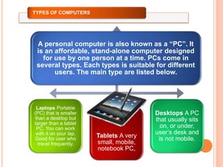 TYPES OF COMPUTERS
A personal computer is also known as a “PC”. It
is an affordable, stand-alone computer designed
for use by one person at a time. PCs come in
several types. Each types is suitable for different
users. The main type are listed below.
Desktops A PC
that usually sits
on, or under,
user’s desk and
is not mobile.
Laptops Portable
(PC) that is smaller
than a desktop but
larger than a tablet
PC. You can work
with it on your lap.
Good for user who
travel frequently.
Tablets A very
small, mobile,
notebook PC,
 