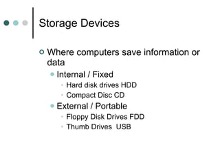 Storage Devices Where computers save information or data Internal / Fixed Hard disk drives HDD Compact Disc CD External / Portable Floppy Disk Drives FDD Thumb Drives  USB 