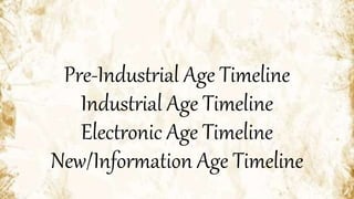 Pre-Industrial Age Timeline
Industrial Age Timeline
Electronic Age Timeline
New/Information Age Timeline
 