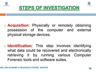  Acquisition: Physically or remotely obtaining
possession of the computer and external
physical storage devices.
 Identification: This step involves identifying
what data could be recovered and electronically
retrieving it by running various Computer
Forensic tools and software suites.
AIR LAW ACADEMY & RESEARCH CENTRE, NAGPUR
10
 