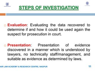 Evaluation: Evaluating the data recovered to
determine if and how it could be used again the
suspect for prosecution in court.
 Presentation: Presentation of evidence
discovered in a manner which is understood by
lawyers, no technically staff/management, and
suitable as evidence as determined by laws.
AIR LAW ACADEMY & RESEARCH CENTRE, NAGPUR 11
 