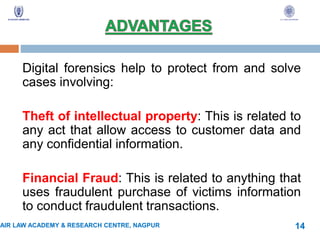 Digital forensics help to protect from and solve
cases involving:
Theft of intellectual property: This is related to
any act that allow access to customer data and
any confidential information.
Financial Fraud: This is related to anything that
uses fraudulent purchase of victims information
to conduct fraudulent transactions.
AIR LAW ACADEMY & RESEARCH CENTRE, NAGPUR 14
 