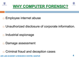  Employee internet abuse
 Unauthorized disclosure of corporate information.
 Industrial espionage
 Damage assessment
 Criminal fraud and deception cases
© AIR LAW ACADEMY & RESEARCH CENTRE, NAGPUR 4
 