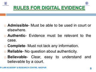  Admissible- Must be able to be used in court or
elsewhere.
 Authentic- Evidence must be relevant to the
case.
 Complete- Must not lack any information.
 Reliable- No question about authenticity.
 Believable- Clear, easy to understand and
believable by a court.
IR LAW ACADEMY & RESEARCH CENTRE, NAGPUR
8
 