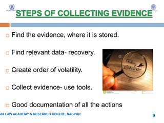  Find the evidence, where it is stored.
 Find relevant data- recovery.
 Create order of volatility.
 Collect evidence- use tools.
 Good documentation of all the actions
AIR LAW ACADEMY & RESEARCH CENTRE, NAGPUR
9
 